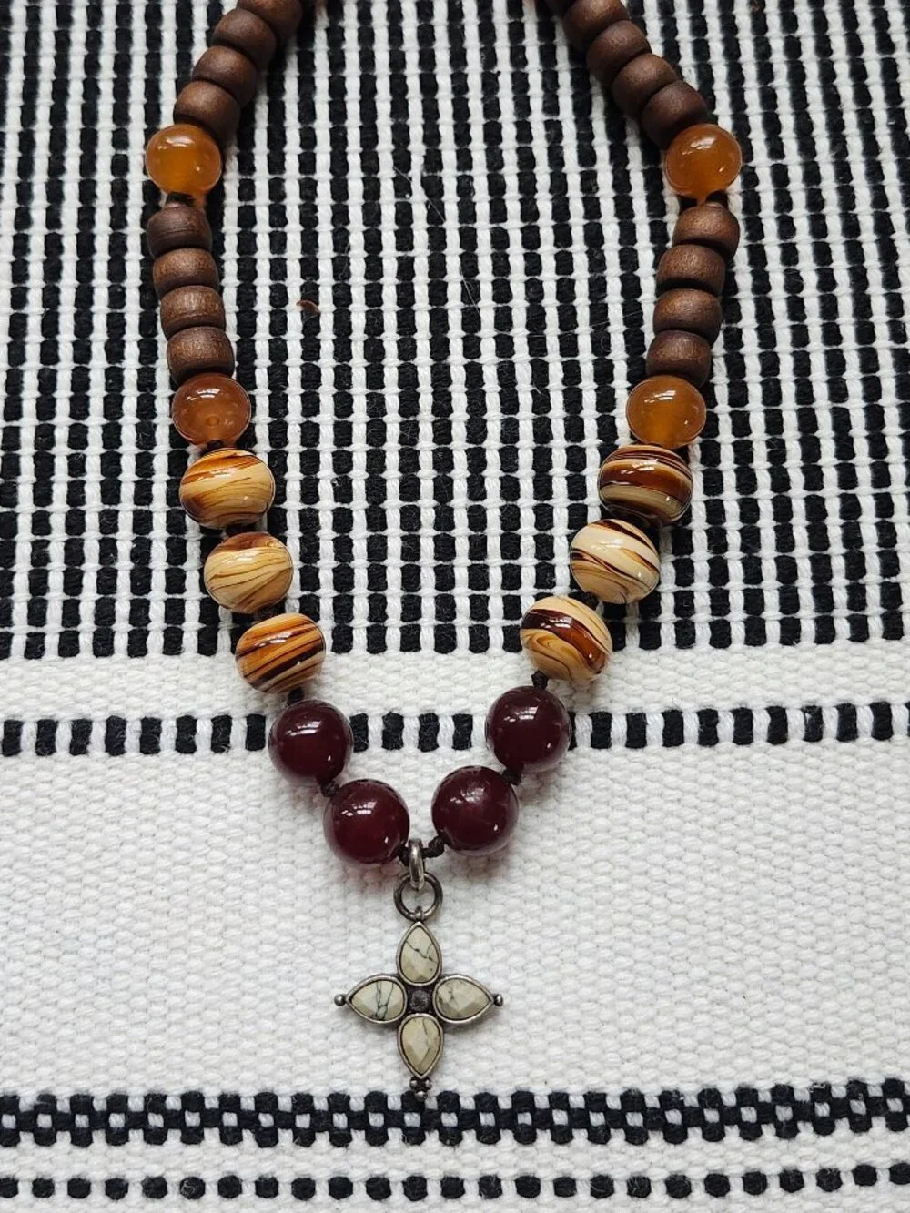 Lucky Brand Boho Beaded Necklace Wood & Stone Cross Pendant Signed